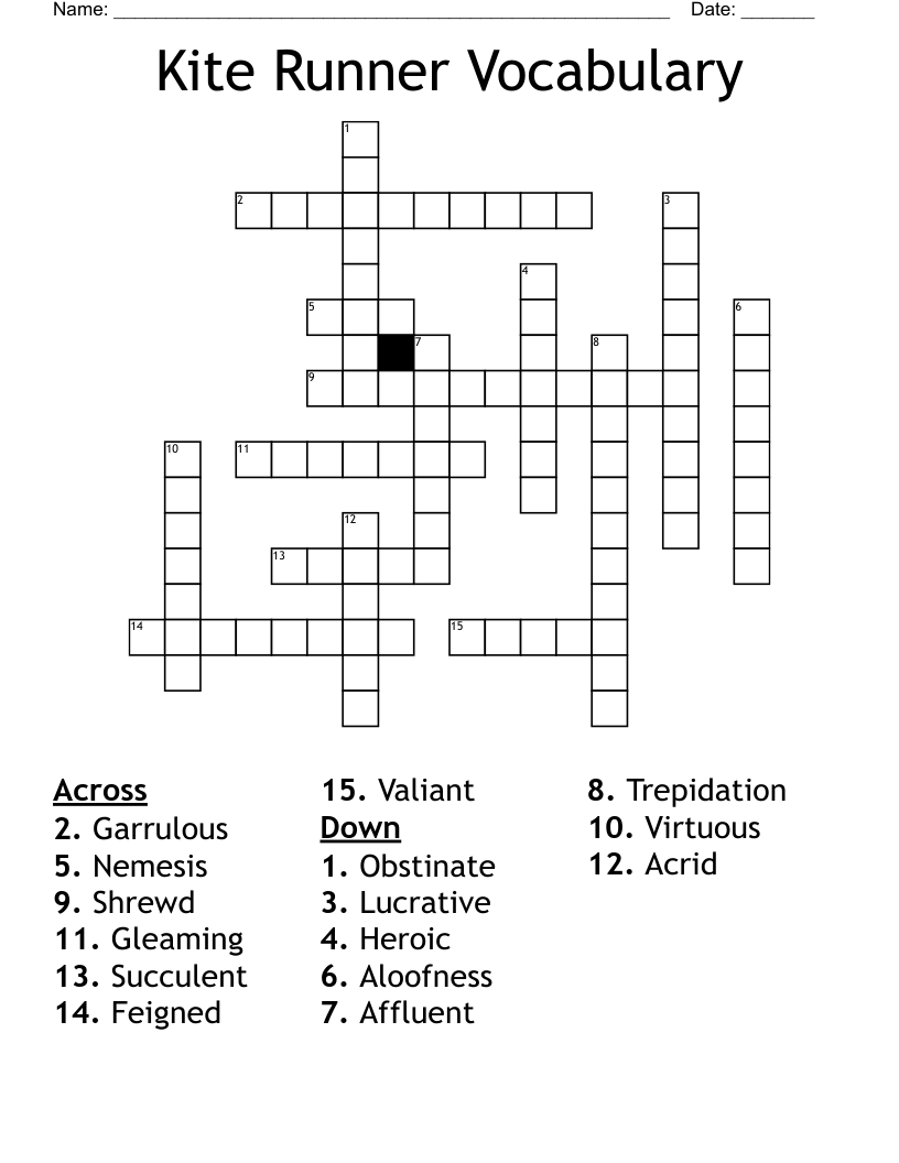 Kite Runner Vocabulary Crossword