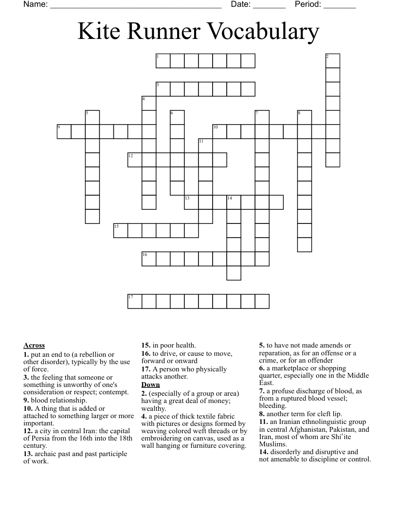 Kite Runner Vocabulary Crossword