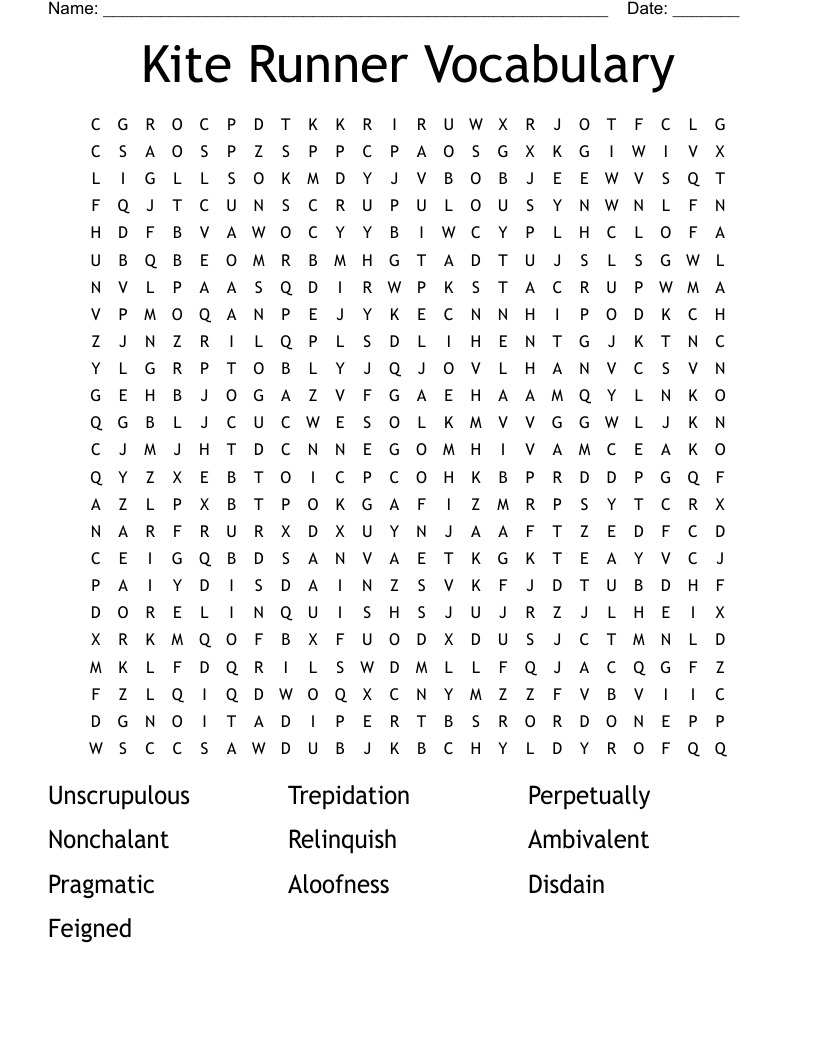Kite Runner Vocabulary  Word Search