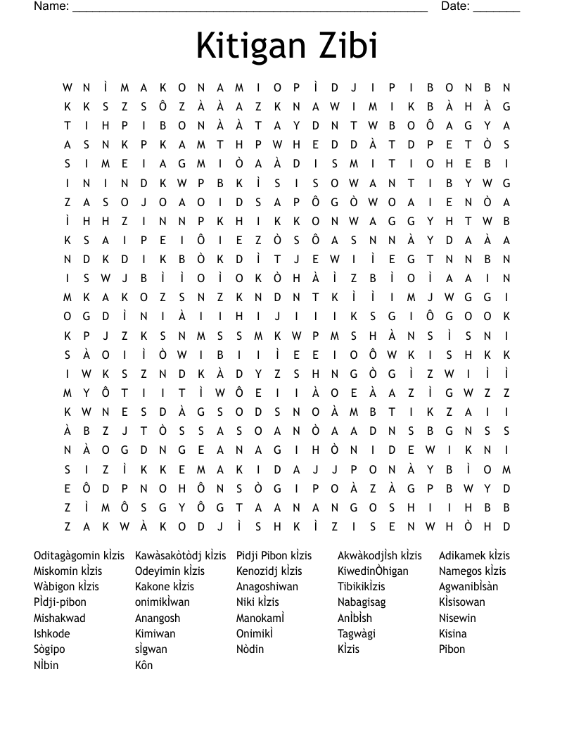 Kitigan Zibi Word Search