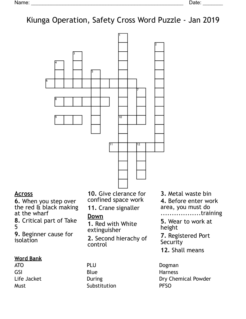 Kiunga Operation, Safety Cross Word Puzzle - Jan 2019 