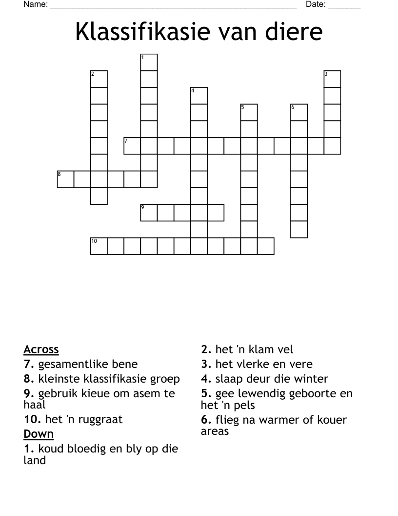 Klassifikasie van diere Crossword