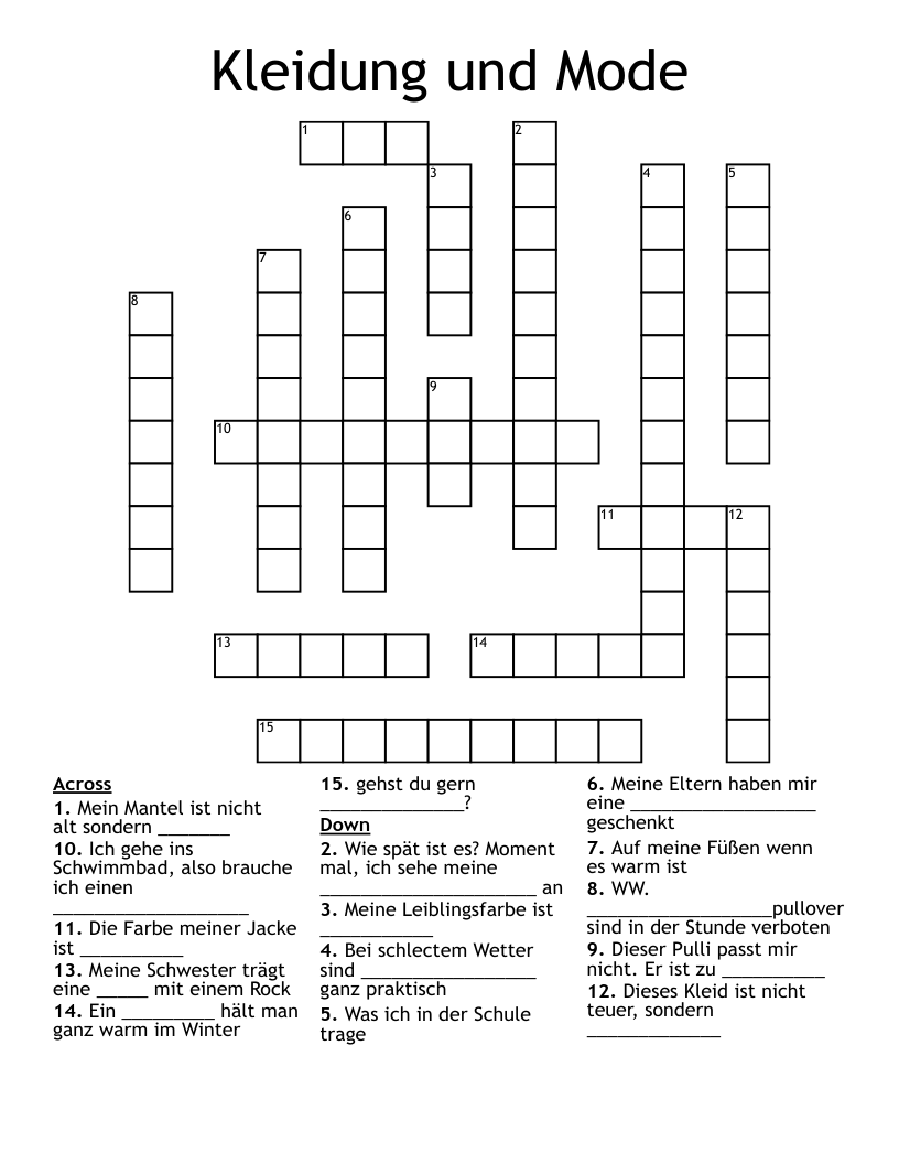 Kleidung und Mode Crossword