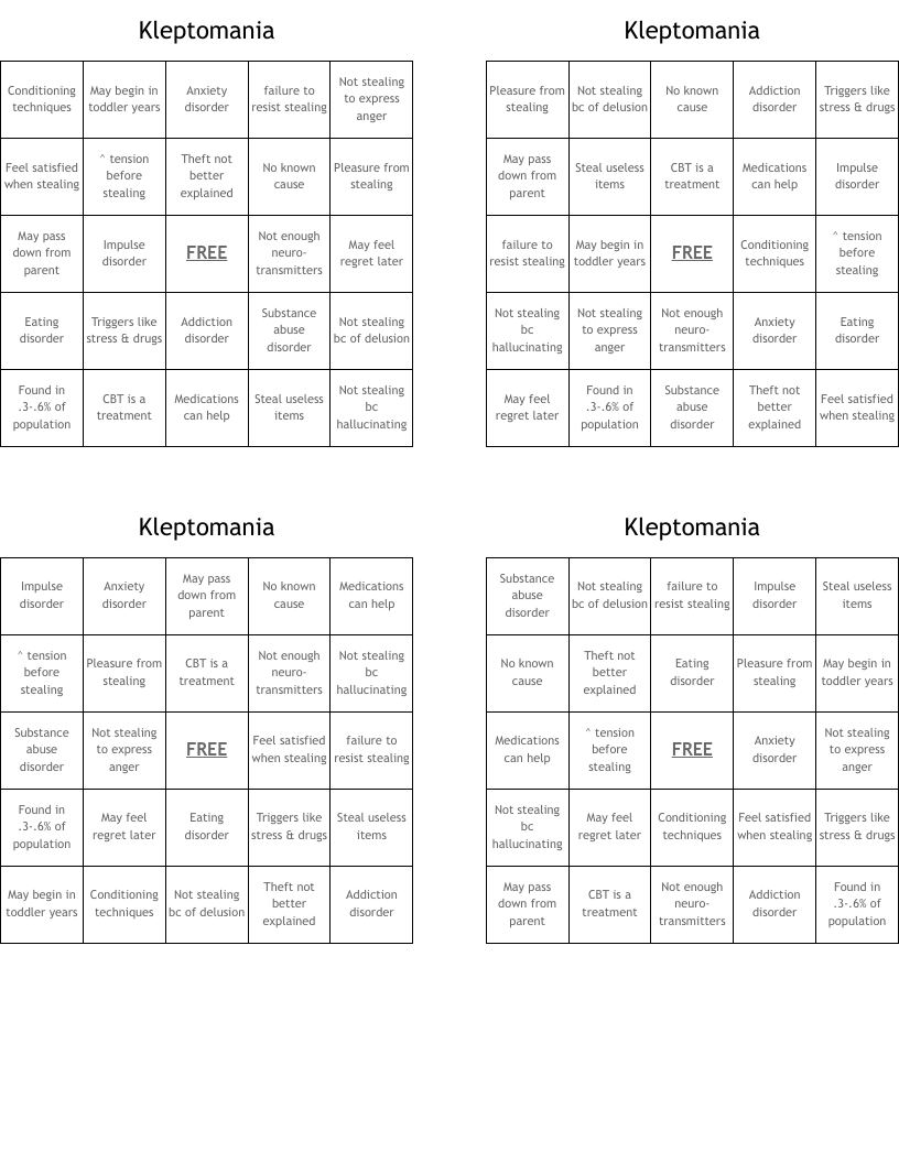 Kleptomania Bingo Cards