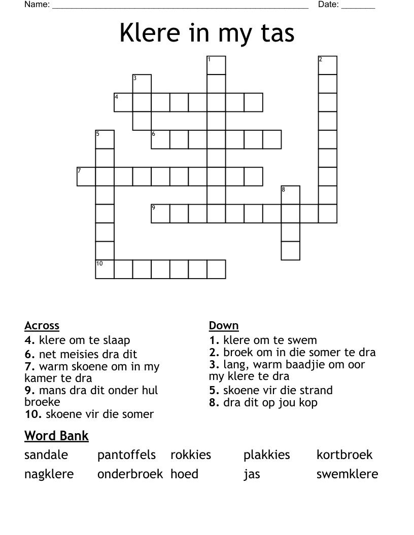 Klere in my tas Crossword
