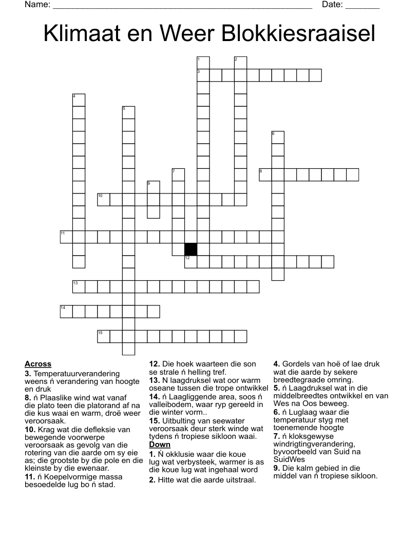 Klimaat en Weer Blokkiesraaisel Crossword