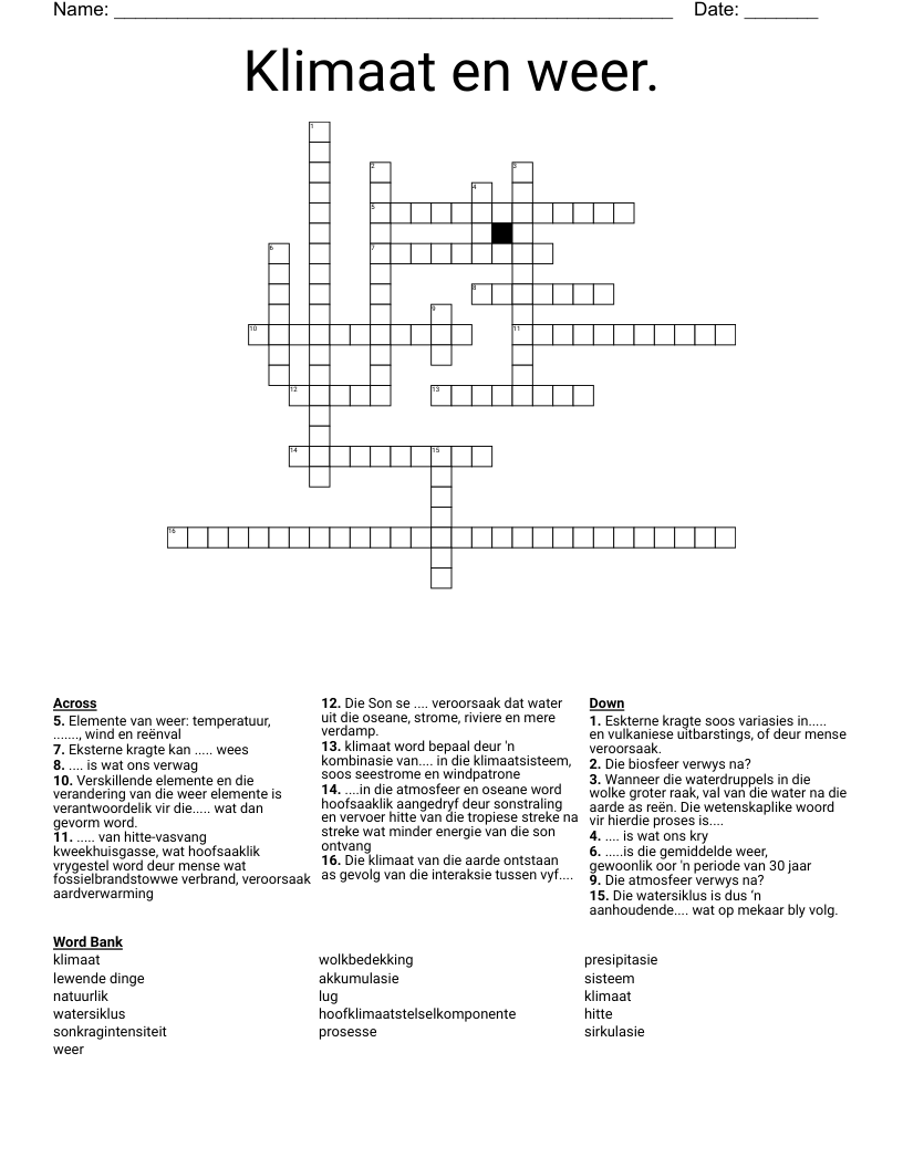 Klimaat en weer. Crossword
