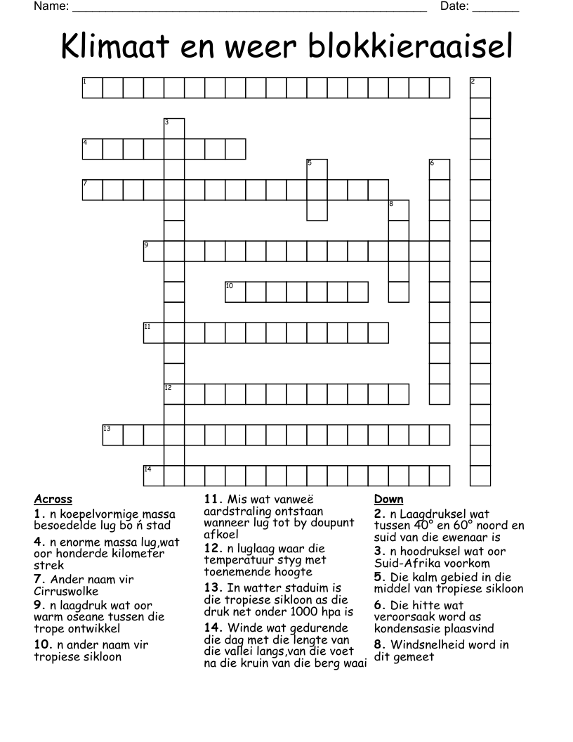 Klimaat en weer blokkieraaisel Crossword