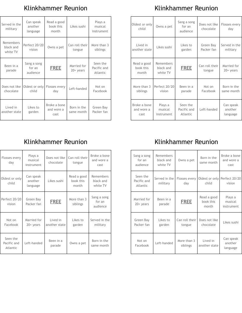 Klinkhammer Reunion Bingo Cards