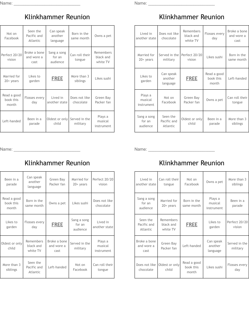 Klinkhammer Reunion Bingo Cards