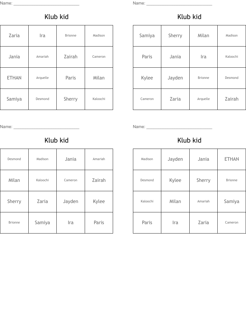 Klub kid Bingo Cards