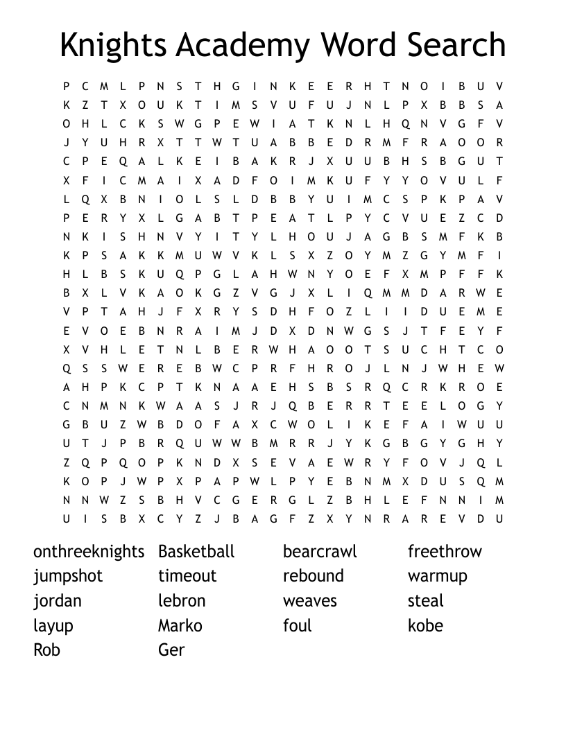 Knights Academy Word Search