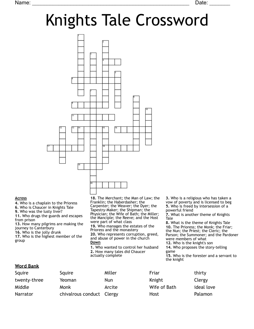Knights Tale Crossword