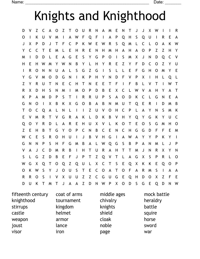 Knights and Knighthood Word Search