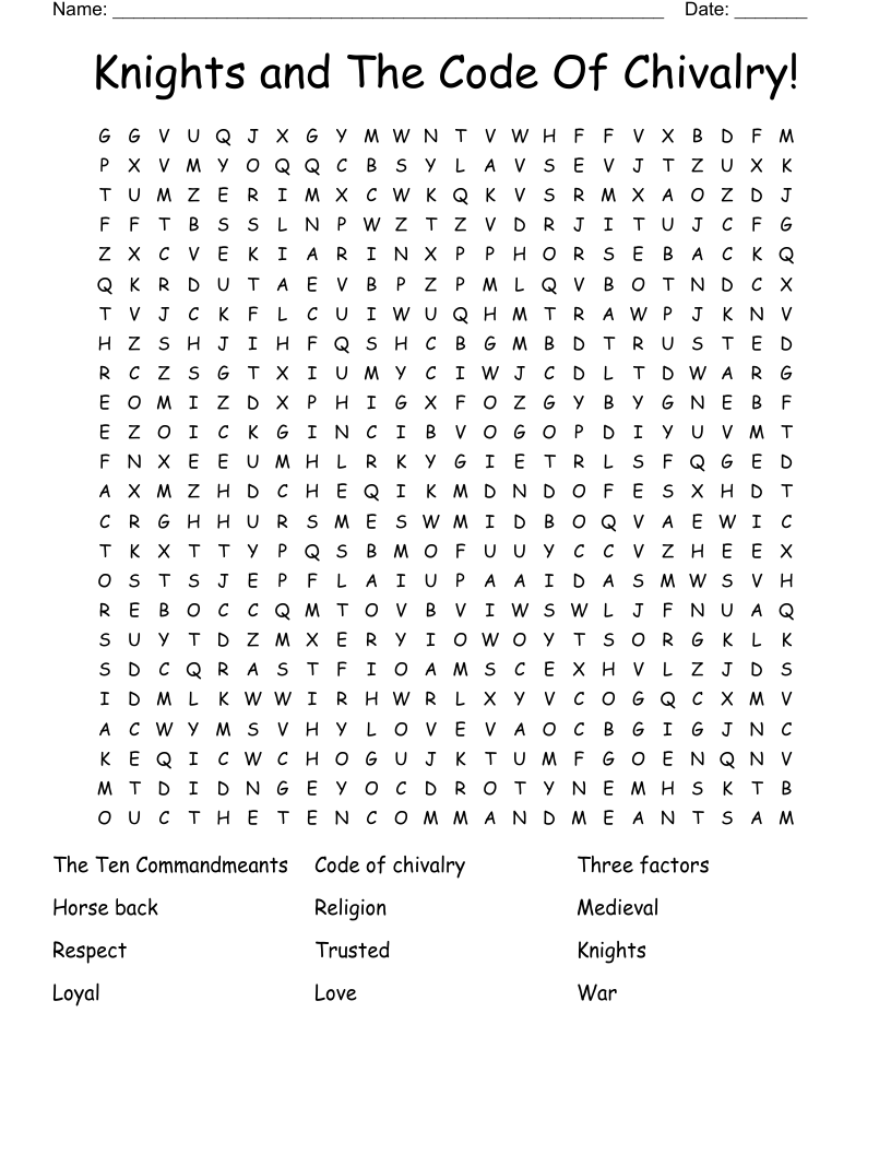 Knights and The Code Of Chivalry! Word Search
