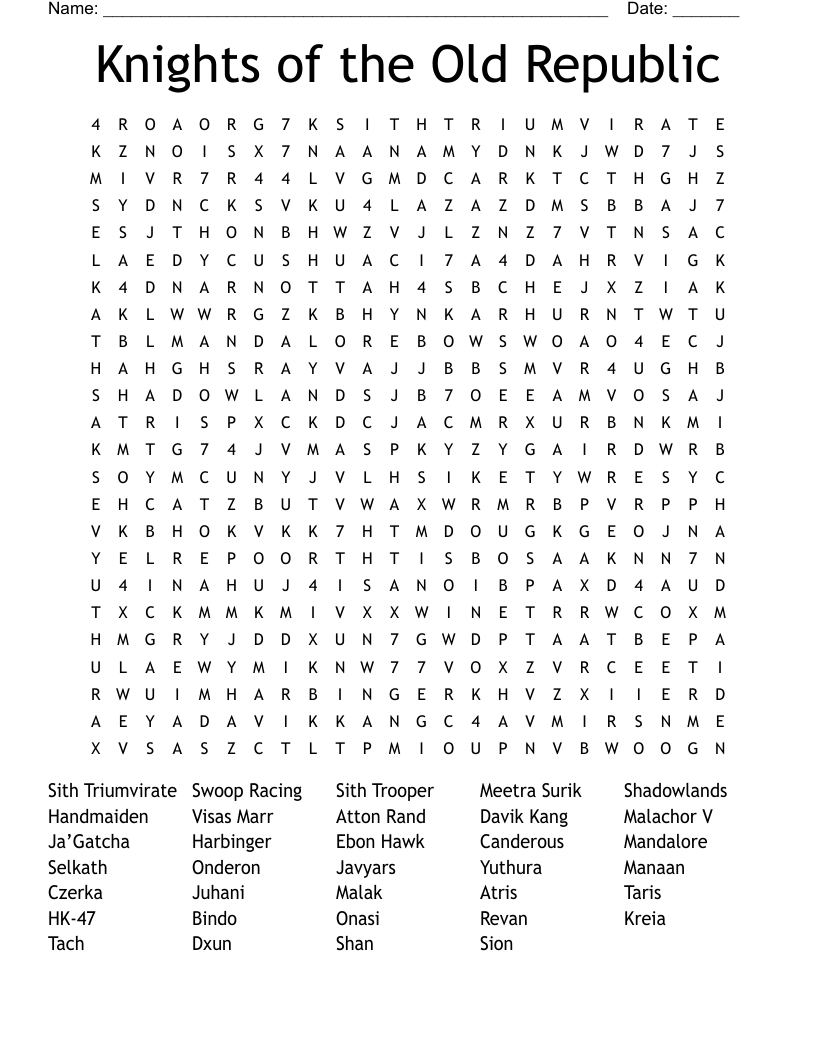 Knights of the Old Republic  Word Search