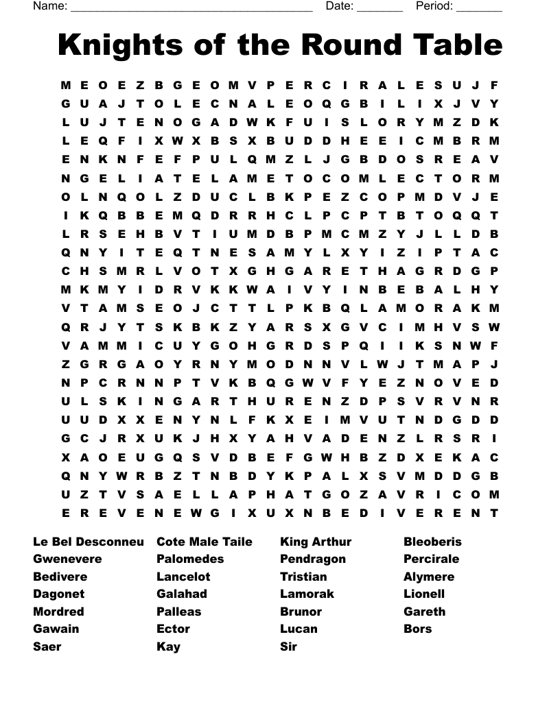 Knights of the Round Table Word Search
