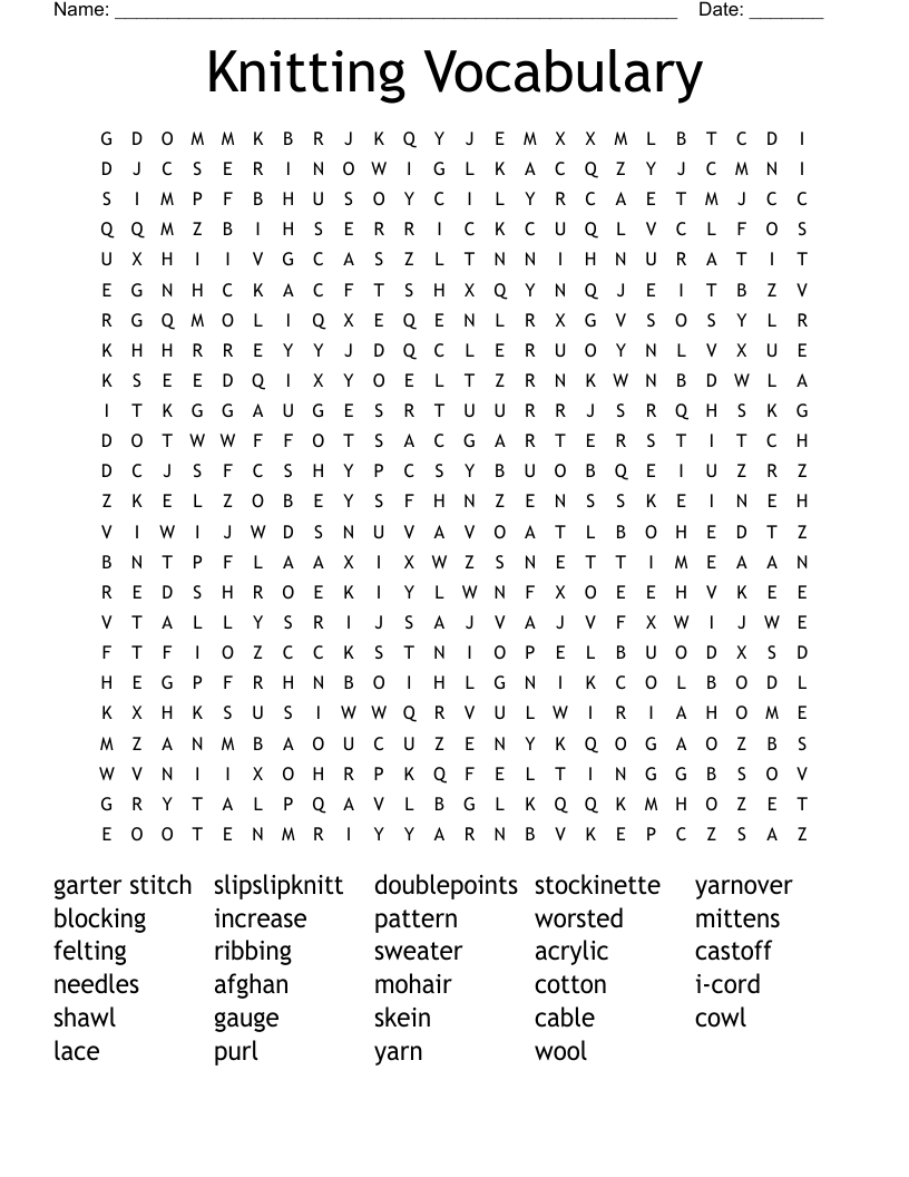 Knitting Vocabulary Word Search