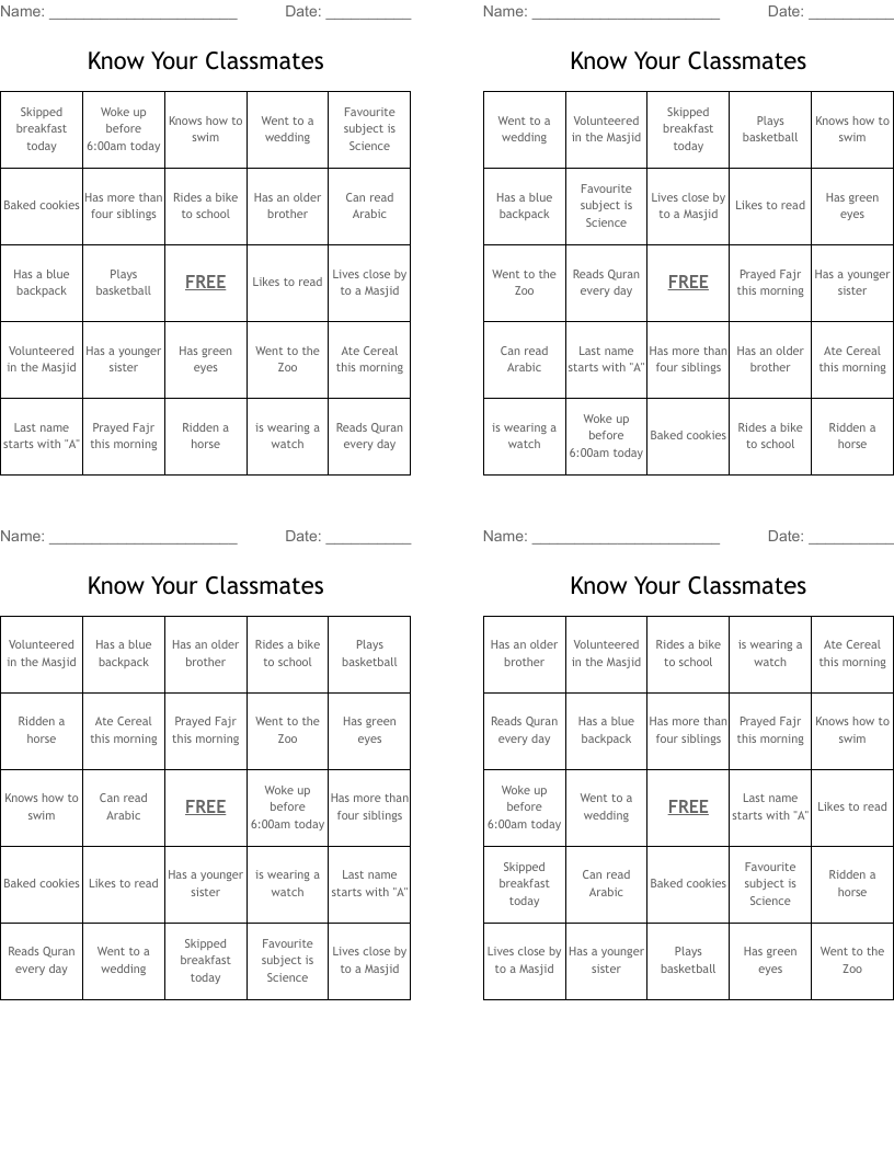 Know Your Classmates Bingo Cards
