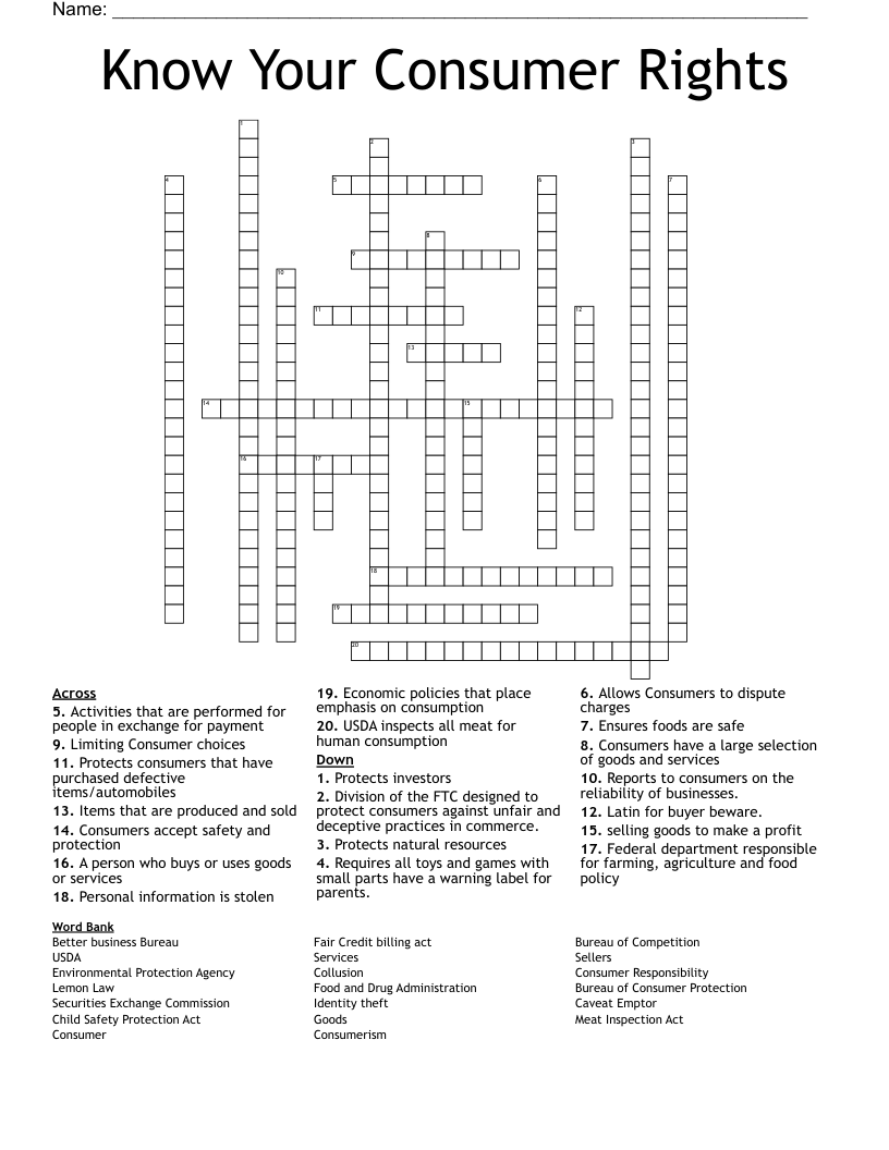 Know Your Consumer Rights Crossword