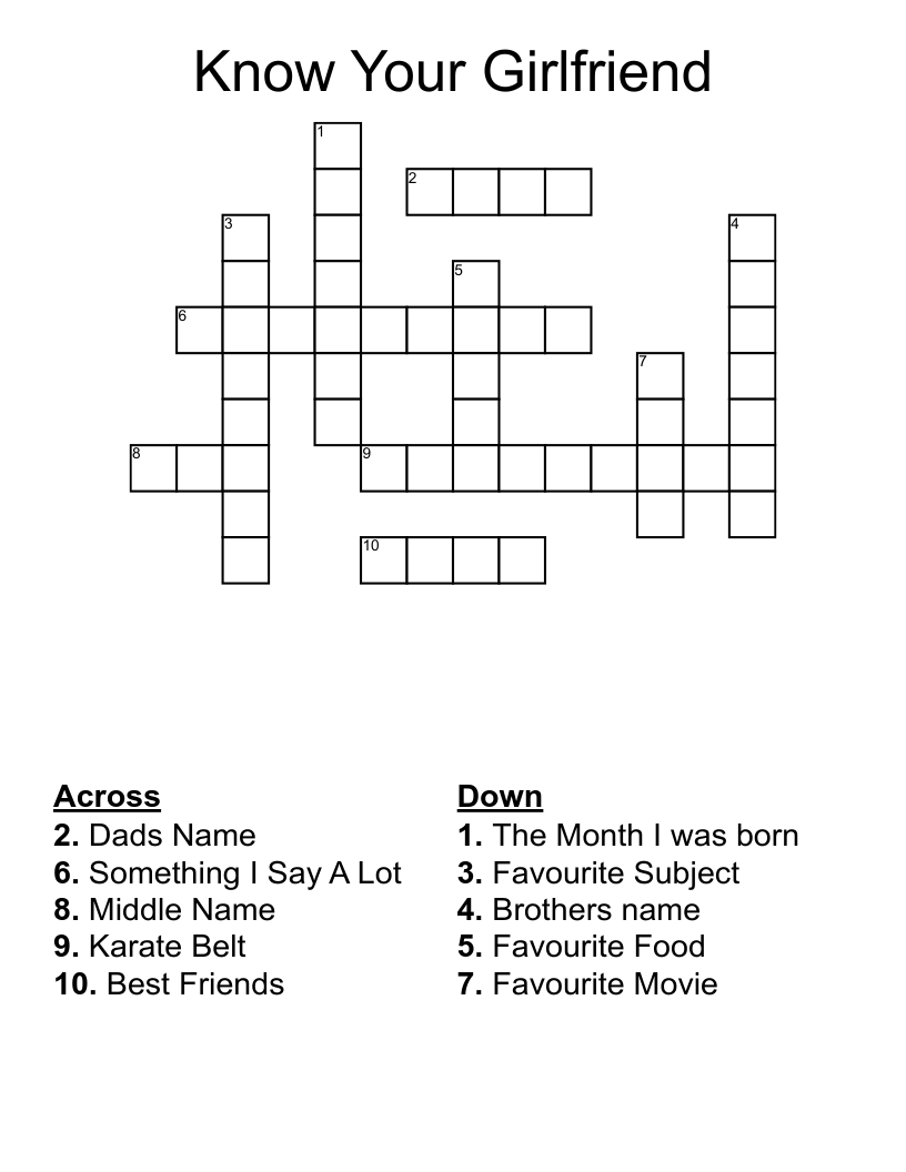 Know Your Girlfriend  Crossword