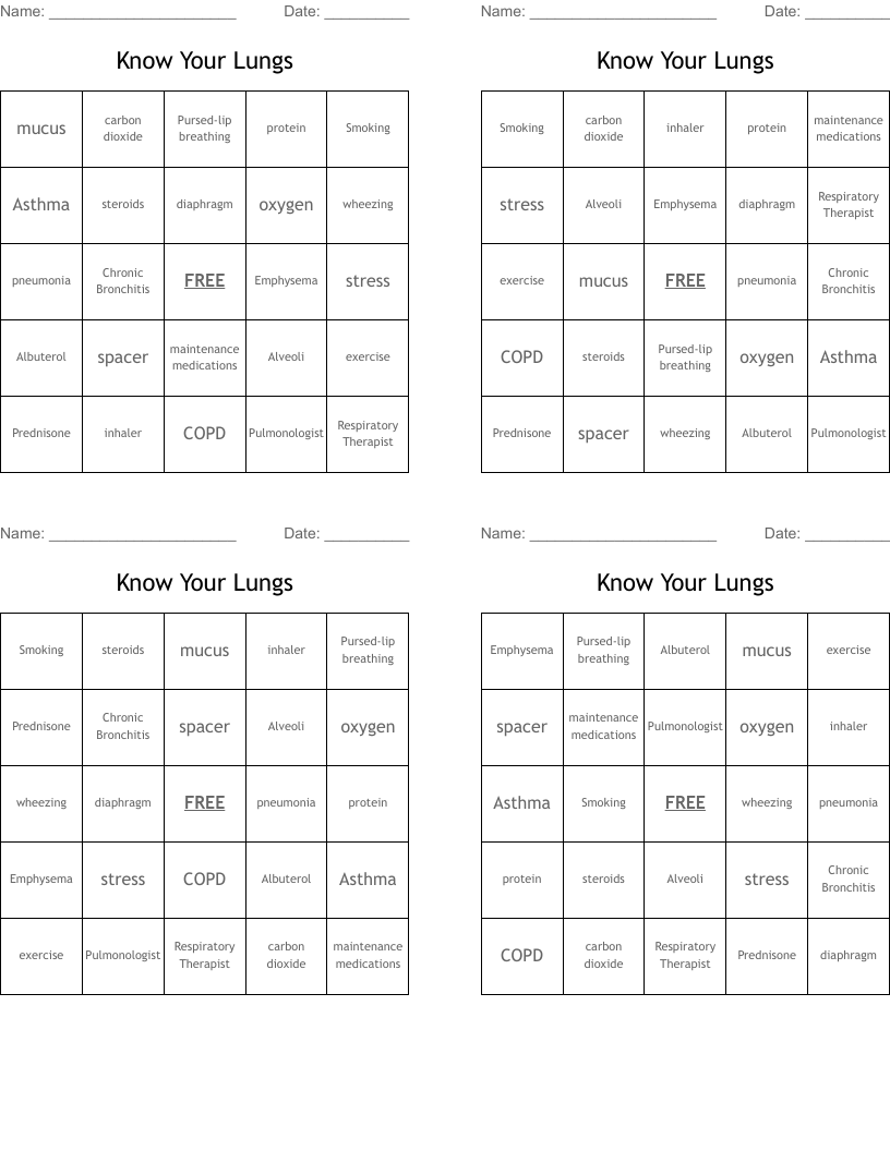 Know Your Lungs Bingo Cards