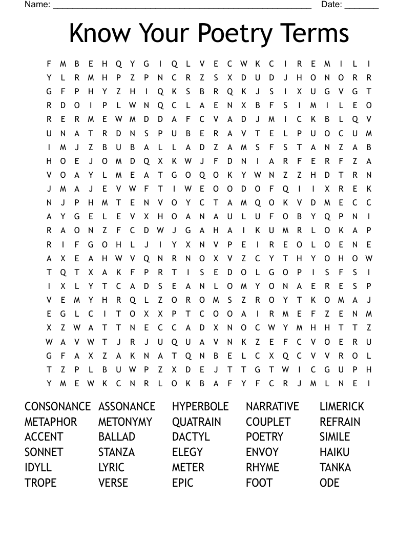 Know Your Poetry Terms Word Search
