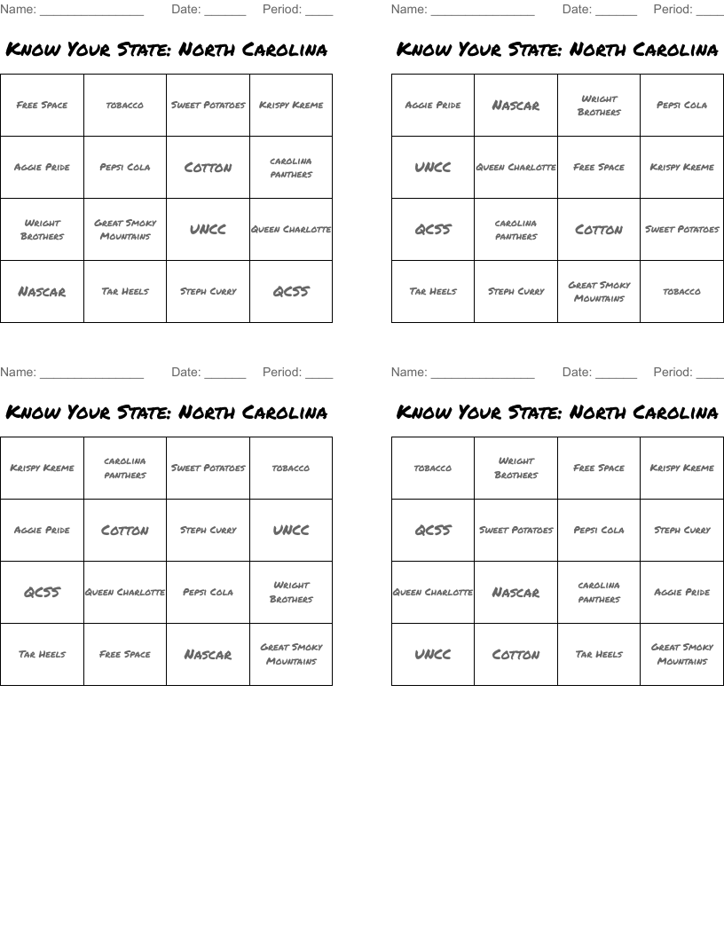 Know Your State: North Carolina Bingo Cards