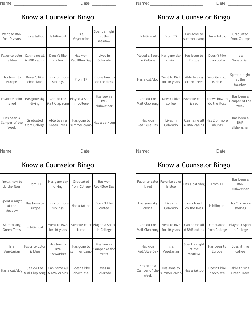 Know a Counselor Bingo
