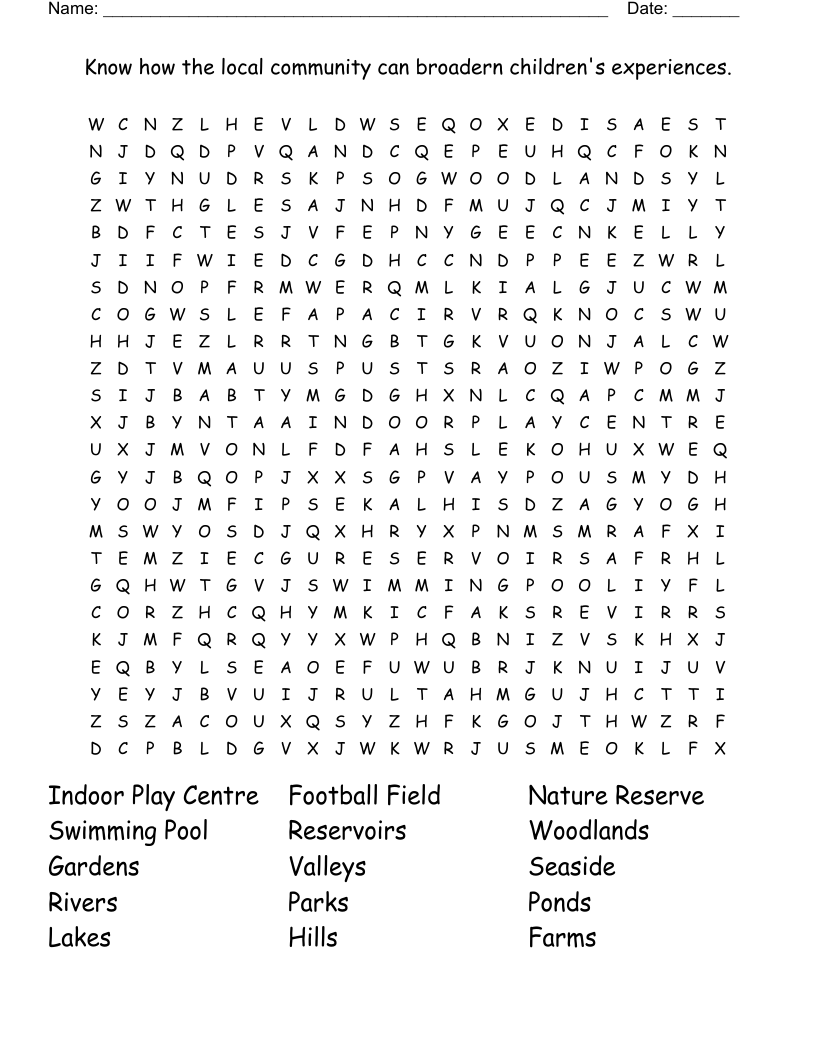 Know how the local community can broadern children's experiences. Word Search