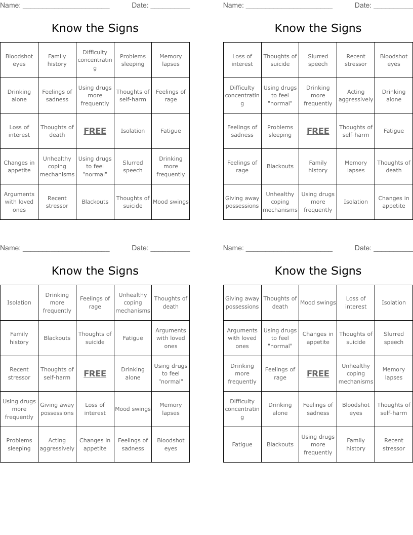 Know the Signs Bingo Cards