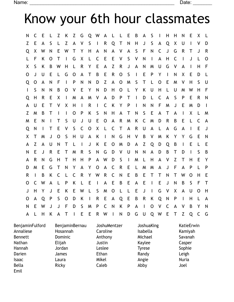 Know your 6th hour classmates Word Search