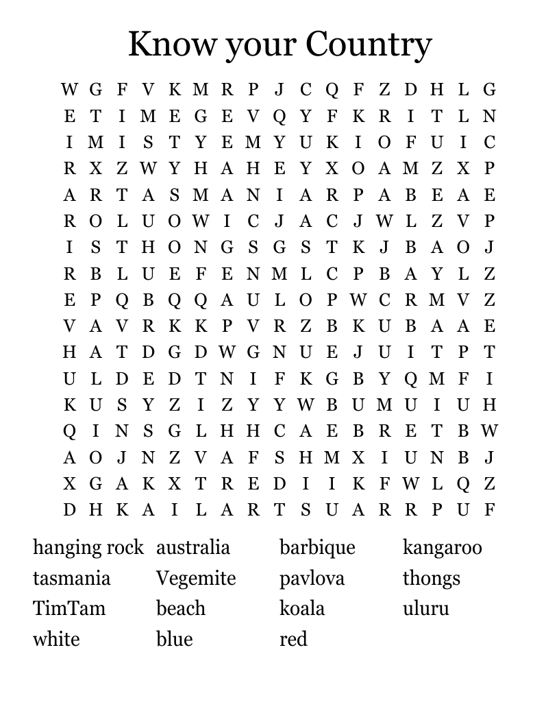 Know your Country Word Search