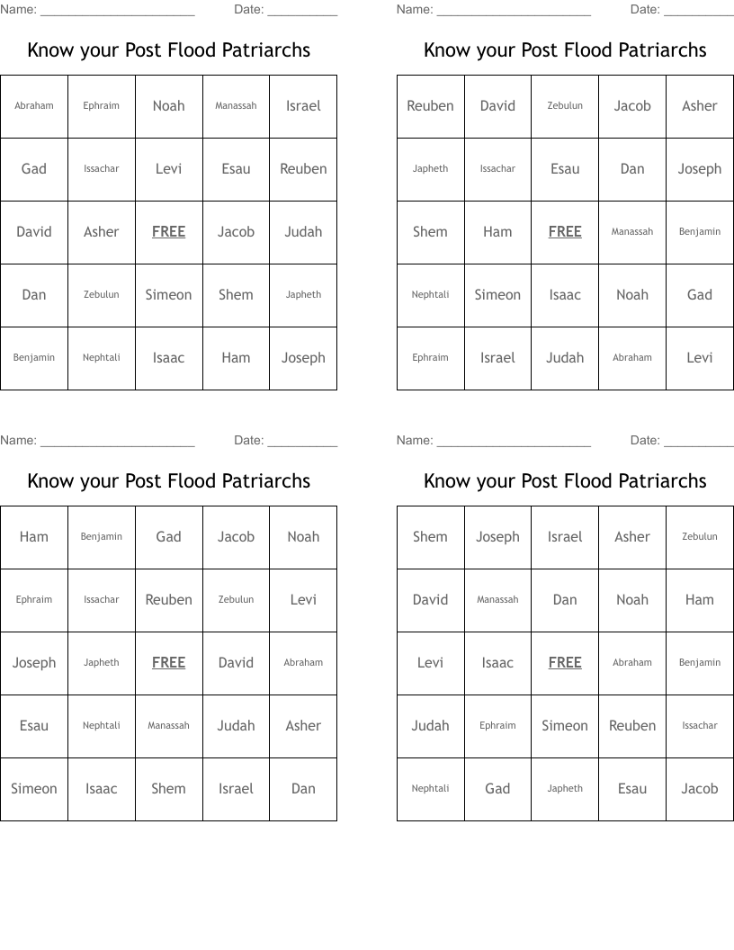 Know your Post Flood  Patriarchs Bingo Cards