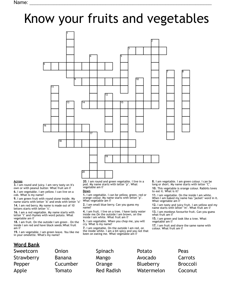 Know your fruits and vegetables Crossword