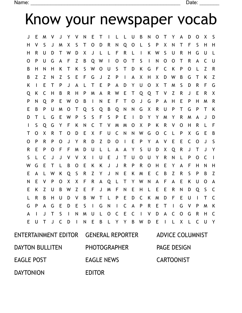 Know your newspaper vocab Word Search