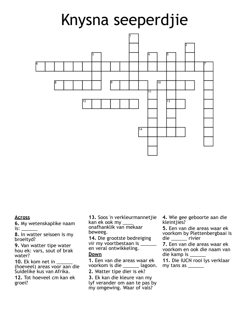 Knysna seeperdjie Crossword