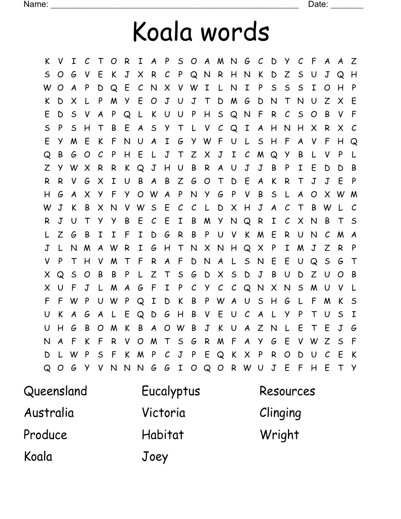 Koala words Word Search