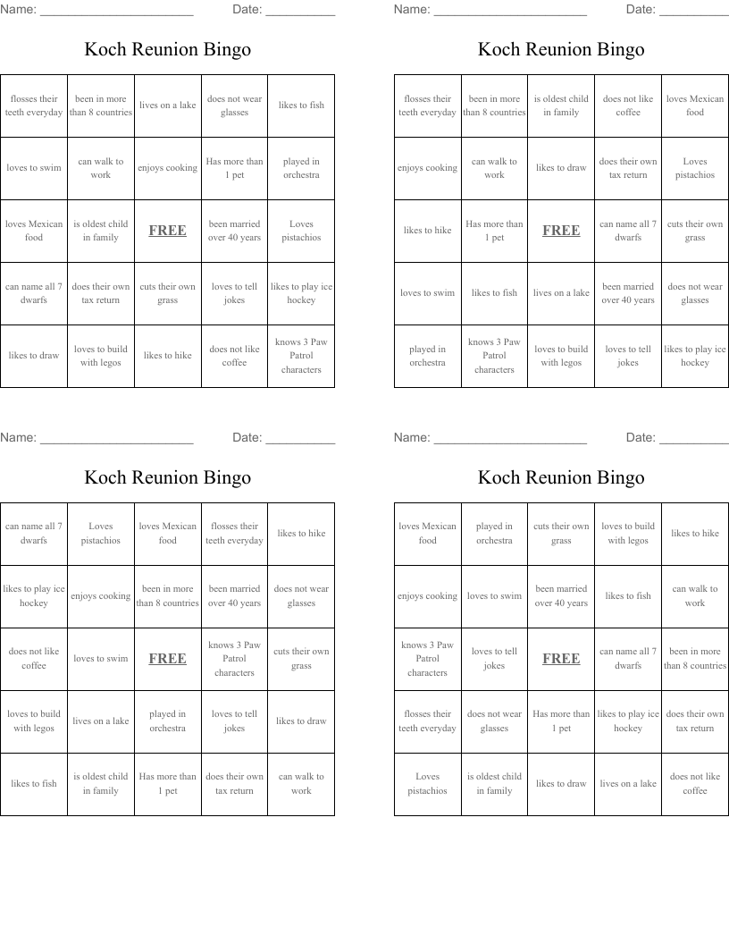 Koch Reunion Bingo