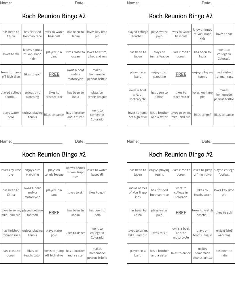 Koch Reunion Bingo #2