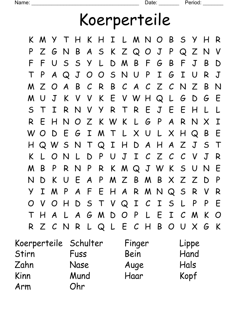 Koerperteile Word Search