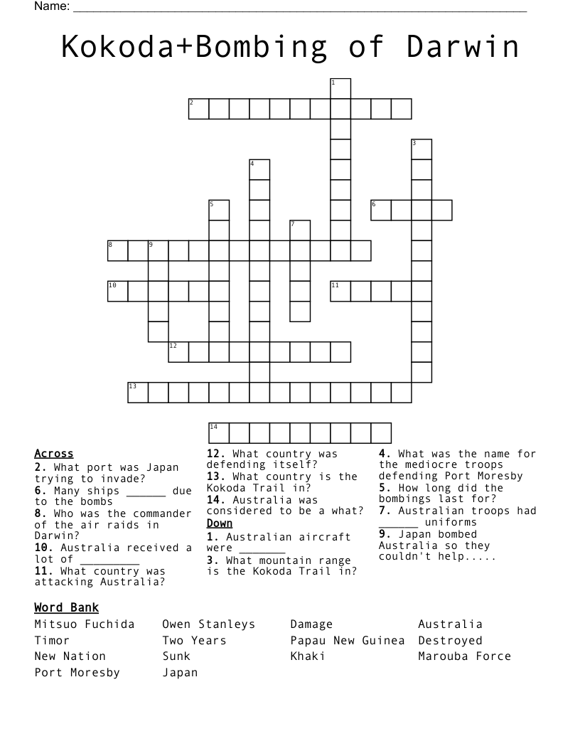 Kokoda+Bombing of Darwin Crossword
