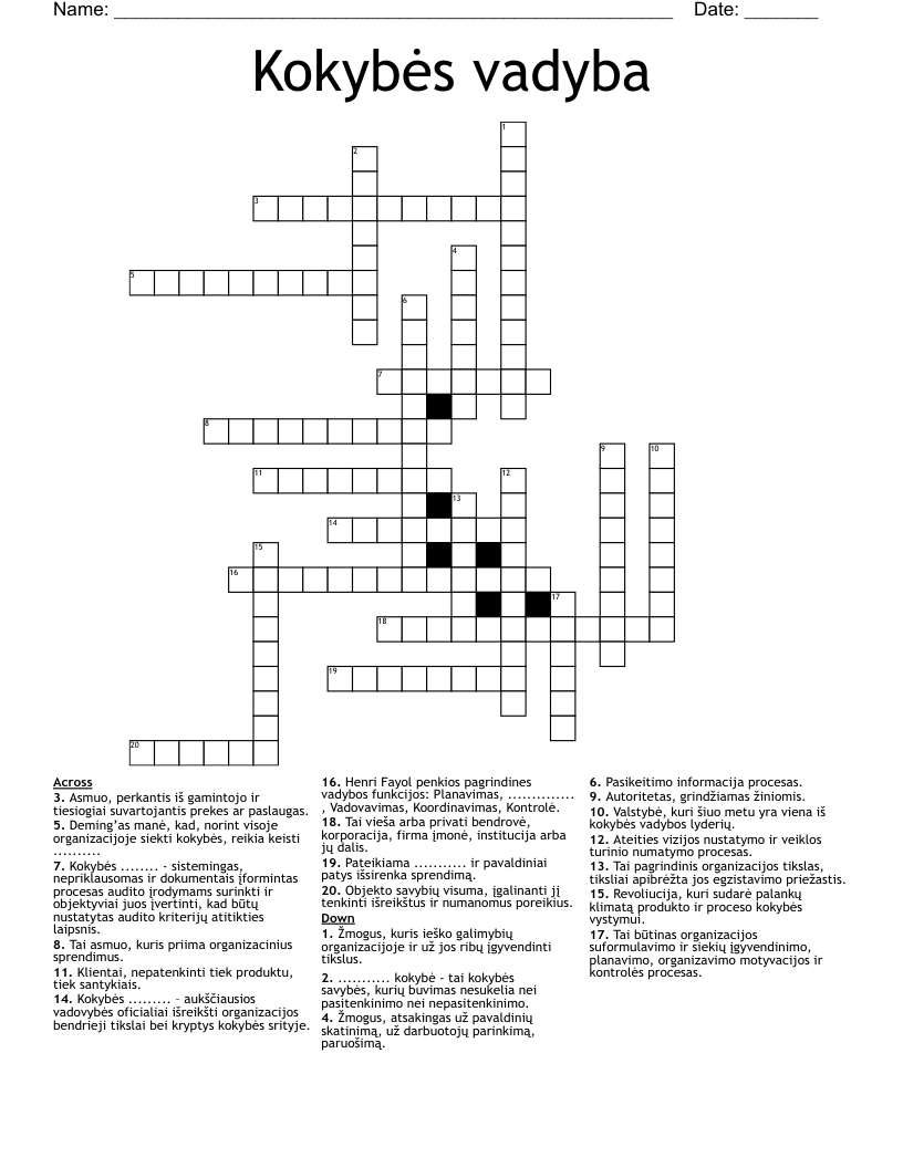 Kokybės vadyba Crossword