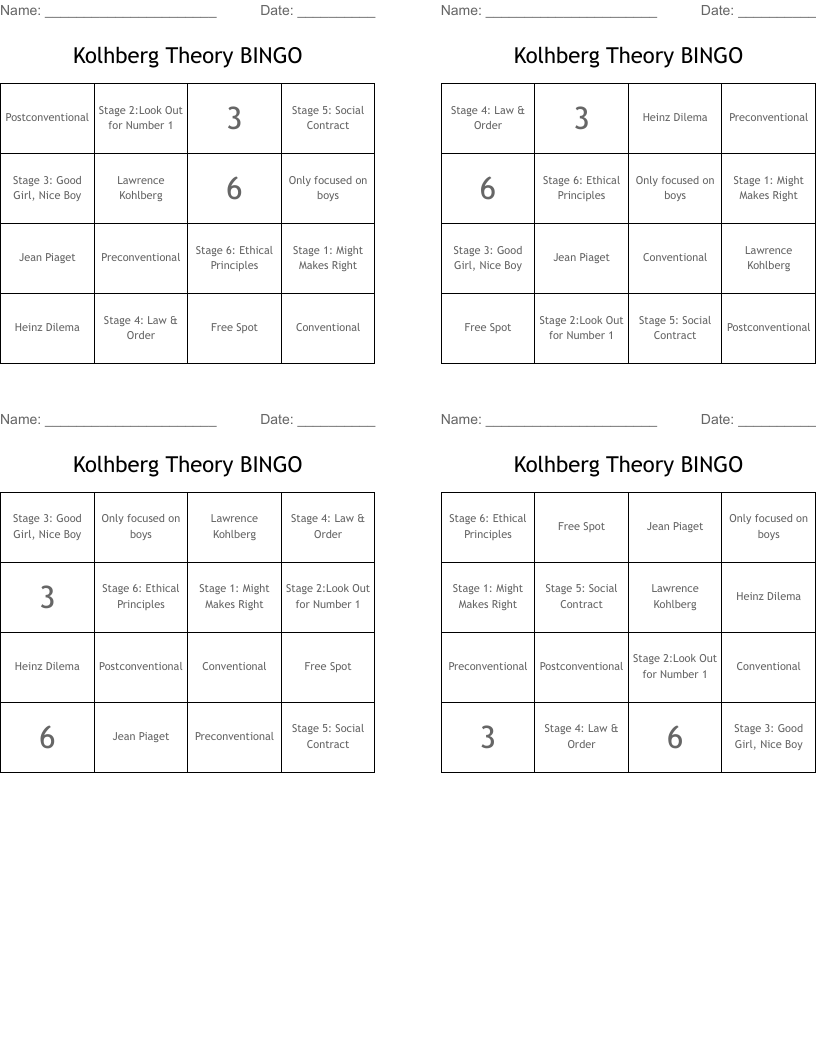 Kolhberg Theory BINGO