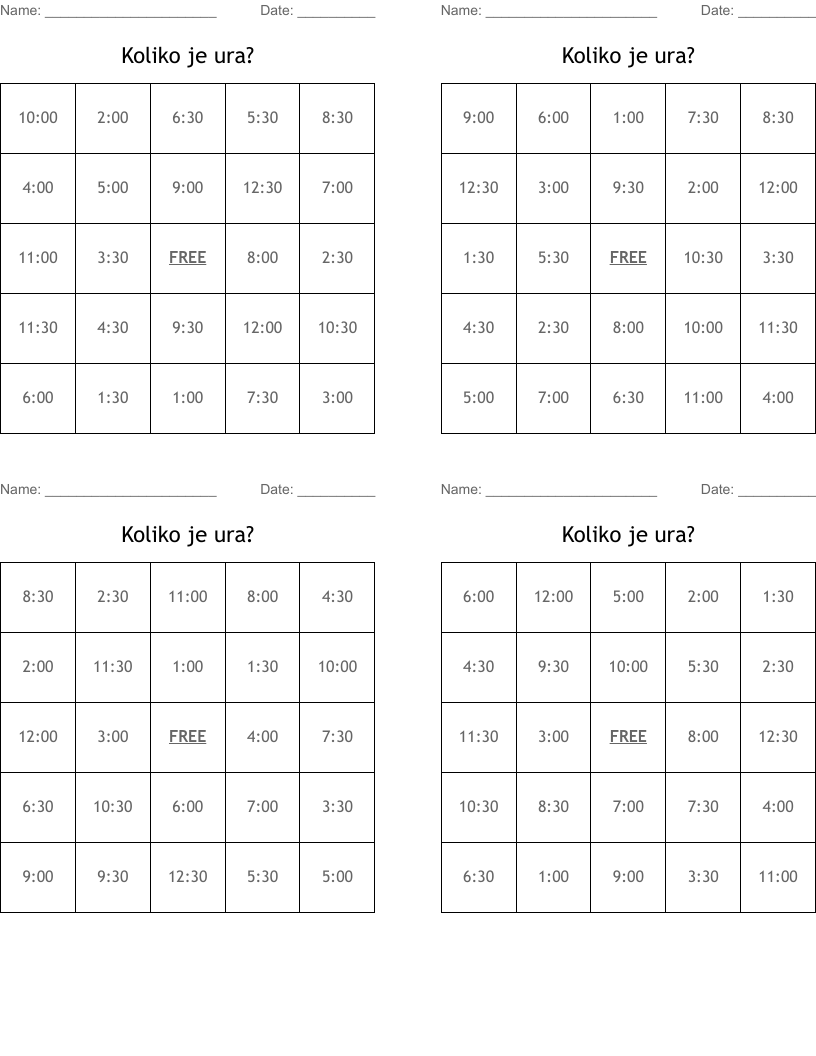 Koliko je ura? Bingo Cards