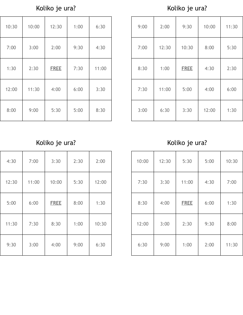 Koliko je ura? Bingo Cards