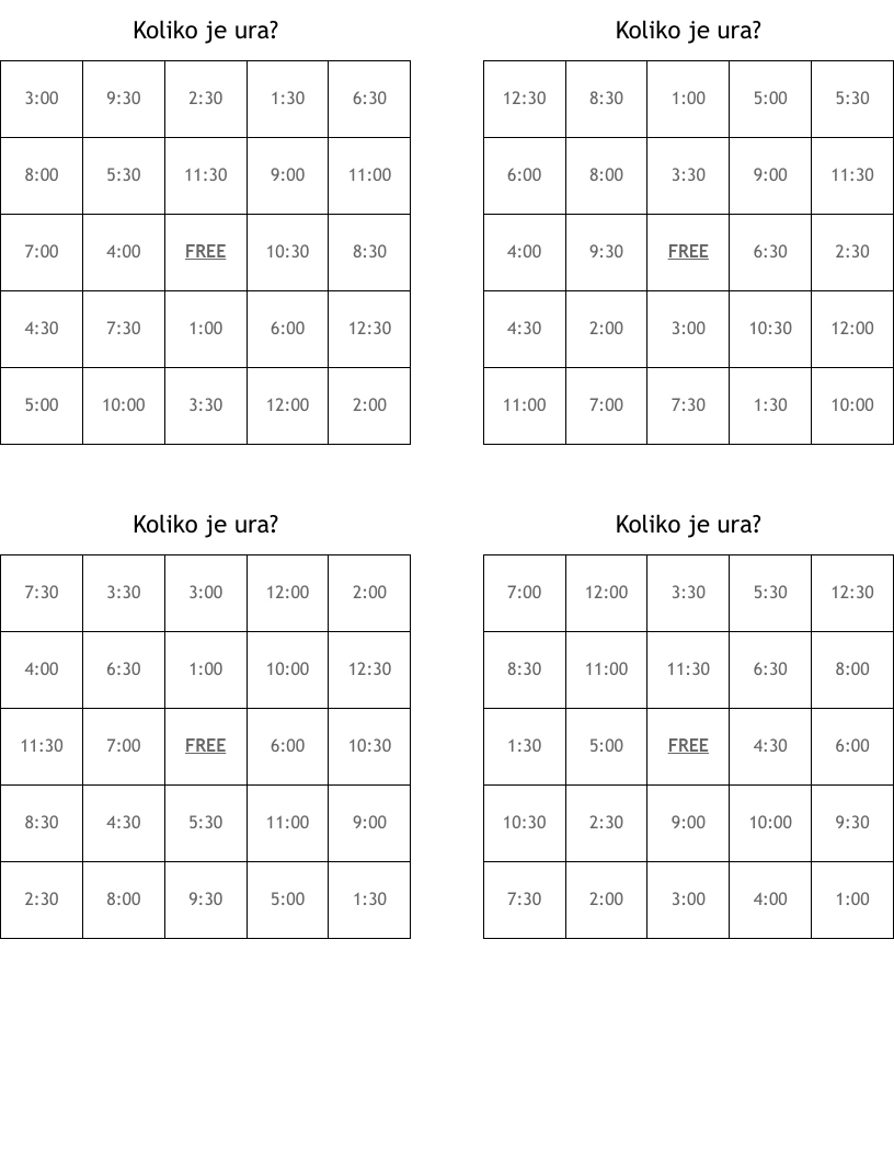 Koliko je ura? Bingo Cards