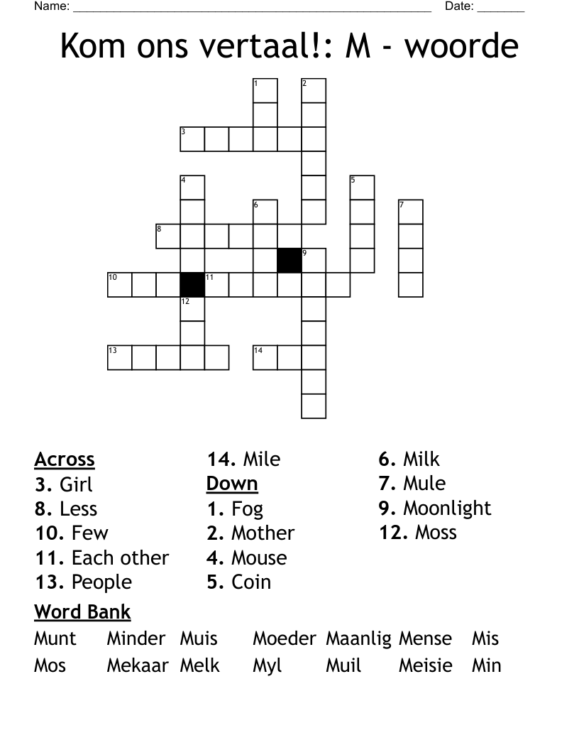Kom ons vertaal!: M - woorde Crossword