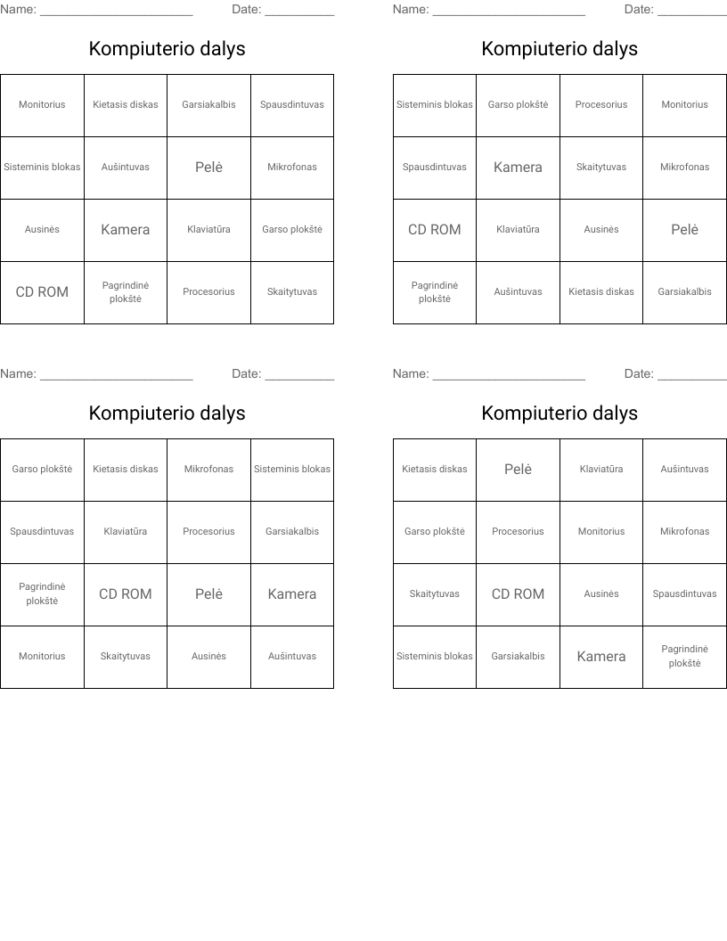 Kompiuterio dalys Bingo Cards