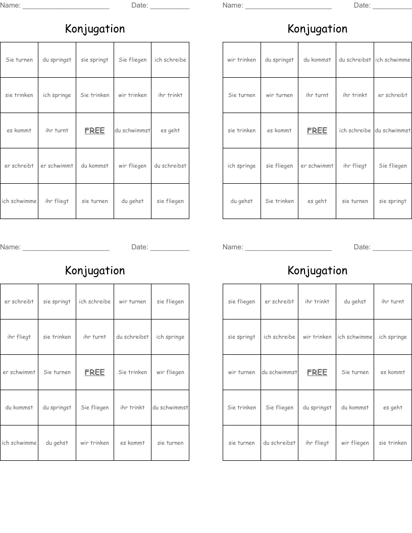 Konjugation Bingo Cards